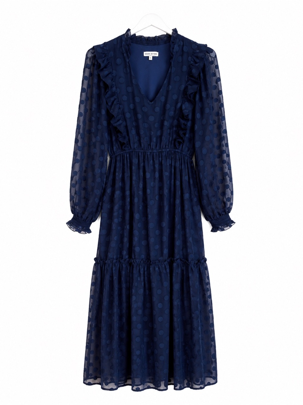 Moon River Anthropologie Navy Long Sleeve Polka Dot tiered Dress